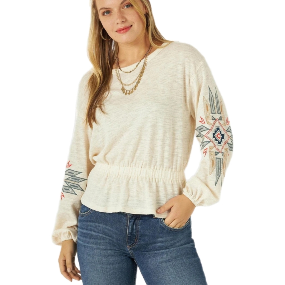 WOMAN'S WRANGLER RETRO GATHERED WAIST EMBROIDERED SLEEVE TOP OAT MEAL HEATHER